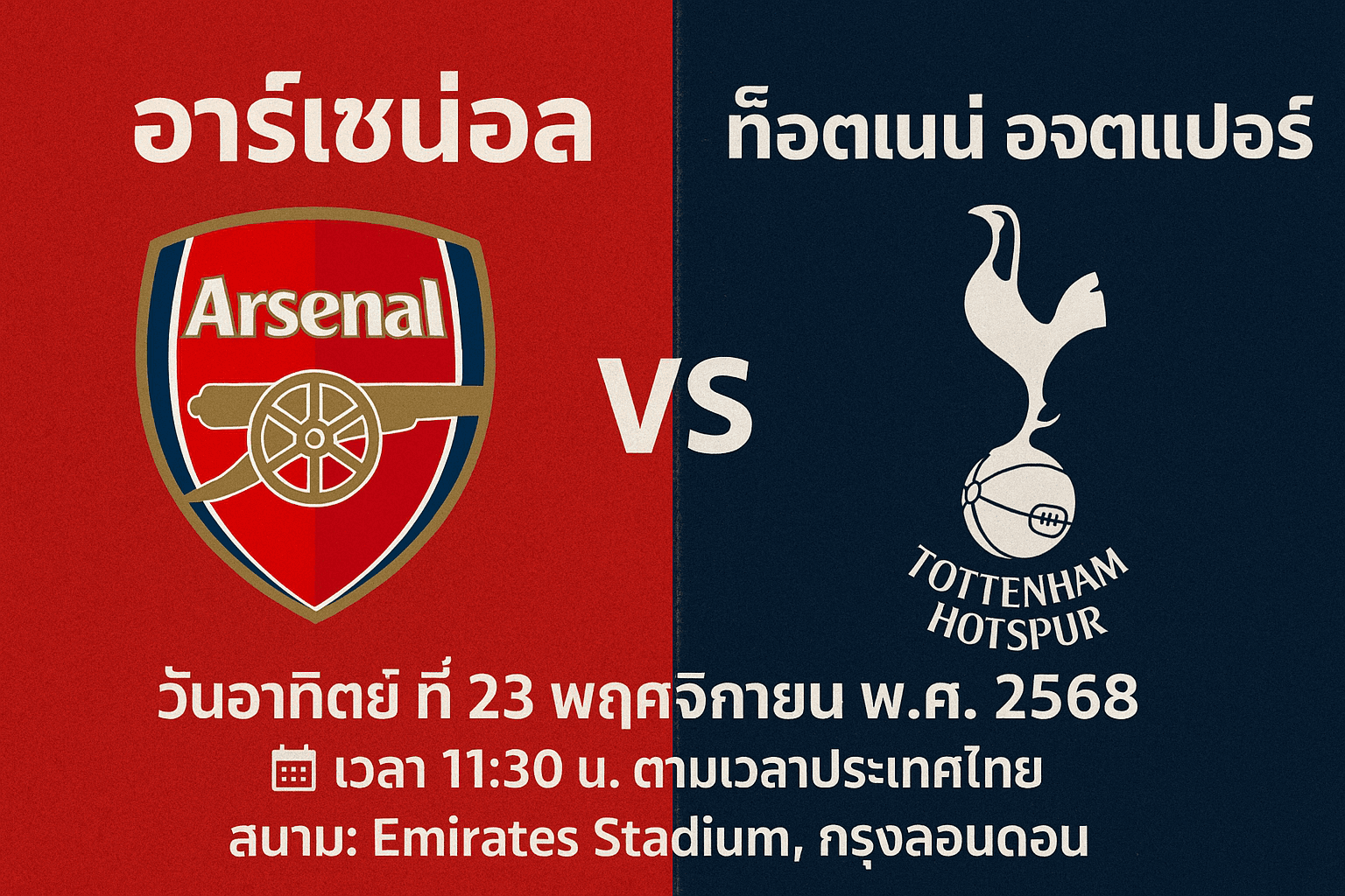 อาร์เซน่อล vs ท็อตแน่ม วันอาทิตย์ที่ 23 พฤศจิกายน พ.ศ. 2568